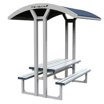 A deluxe sheltered park setting of heavy duty table, shelter and seating.